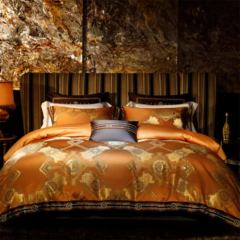 Afralia™ Luxury Black Gold Brocade Jacquard Cotton Bedding Set