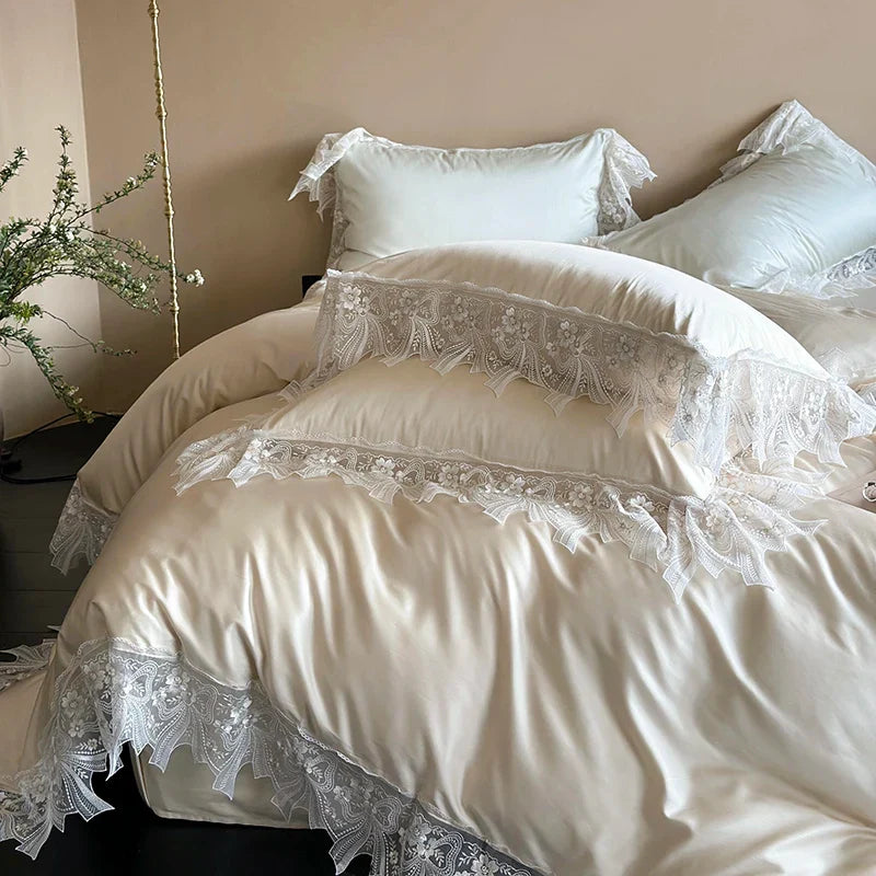 Afralia™ Romantic Lace Ruffles Bedding Set in Lyocell Cotton, Silky Duvet Cover, Bed Sheet, Pillowcases