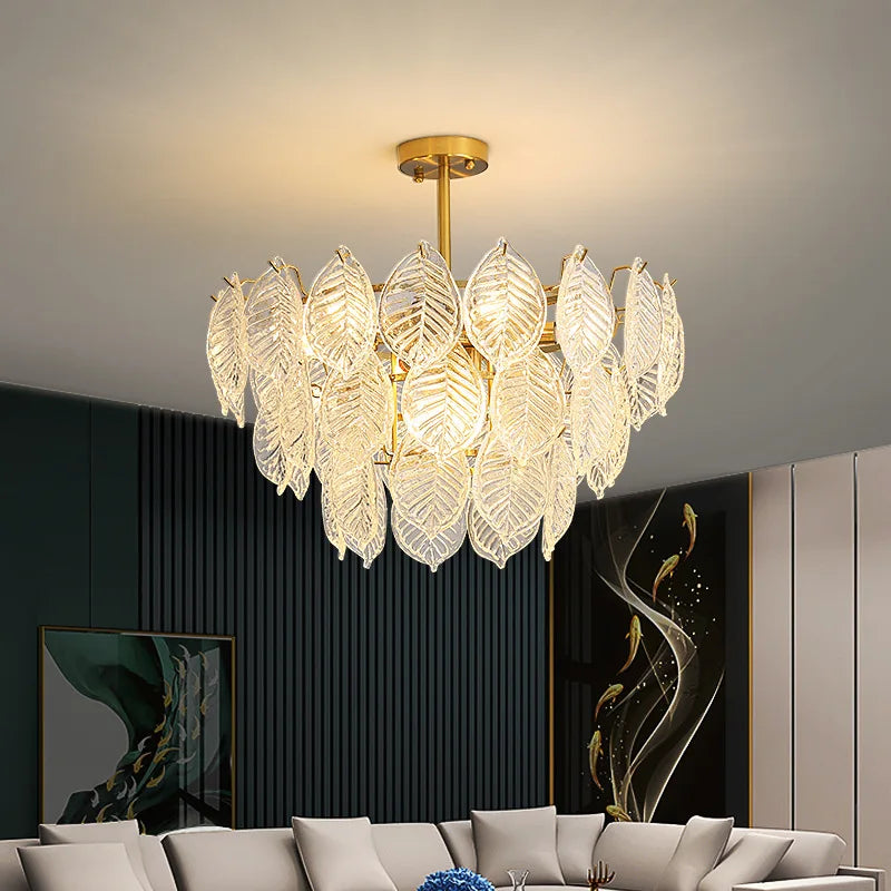 Afralia™ Leaf Glass Chandelier Pendant Light Luxury Dining Room Ceiling Fixture