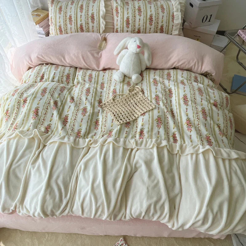 Afralia™ Vintage French Lace Ruffles Bedding Set with Winter Warm Velvet, Single Queen King Size