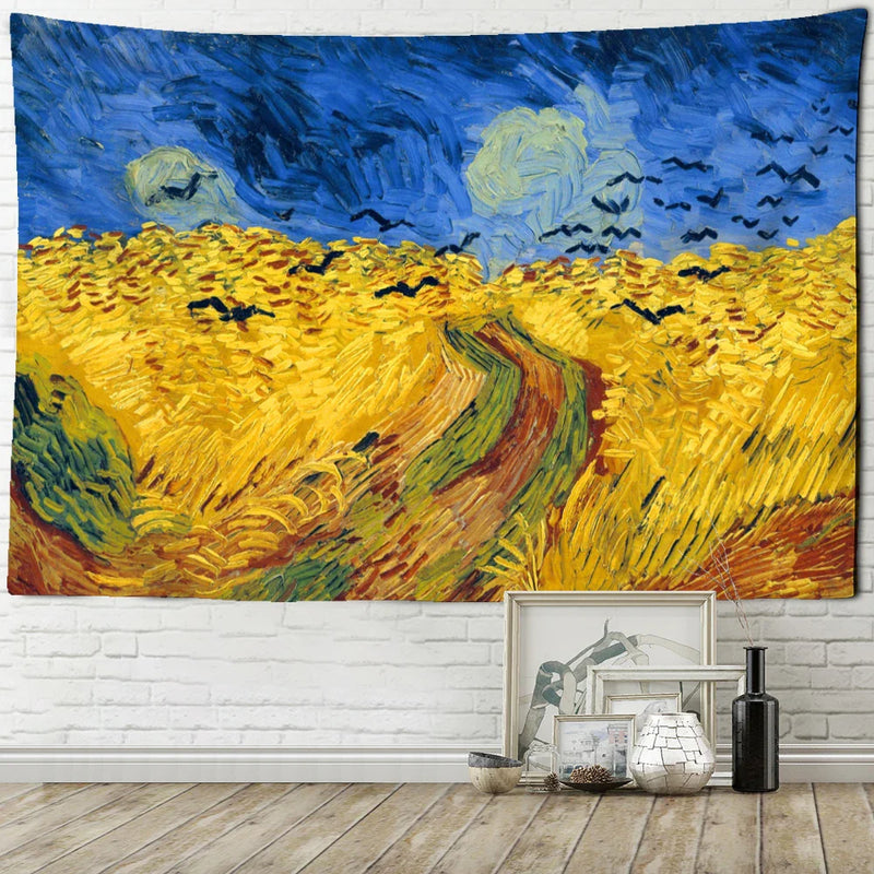 Afralia™ Golden Field Oil Painting Tapestry Wall Hanging - Retro Hippie Art Decor