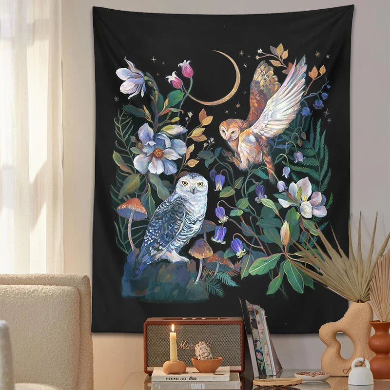 Afralia™ Owls Night Garden Tapestry Wall Hanging - Psychedelic Moon Magic Plant Flower Tapestries