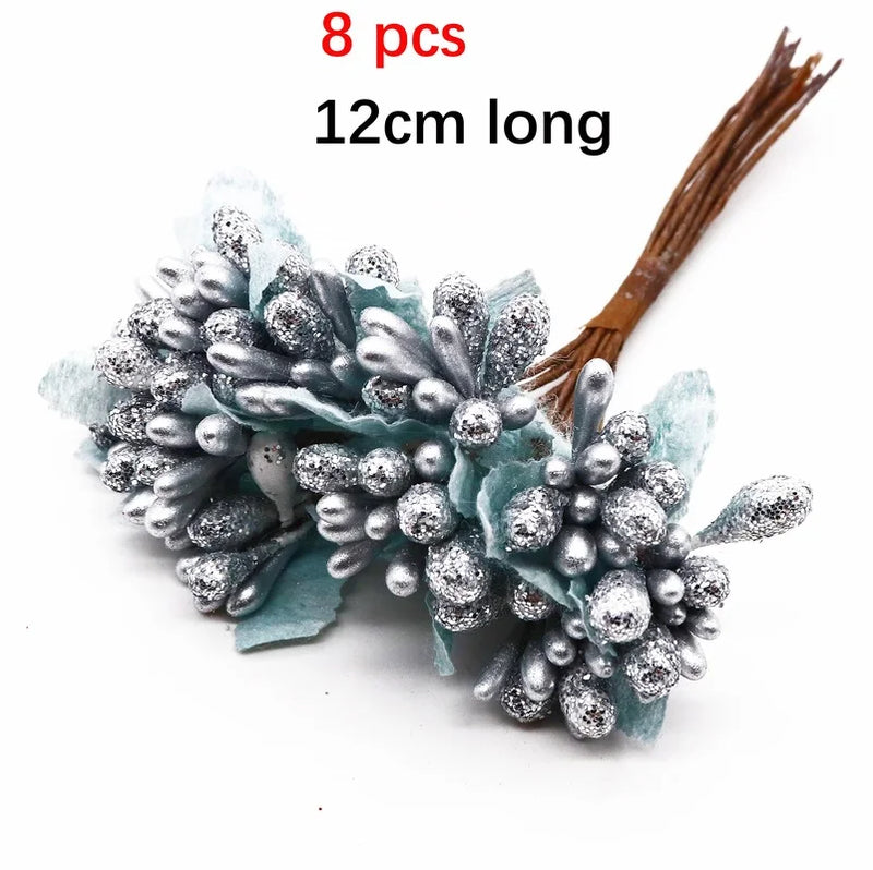 Afralia™ Silver Hybrid Flower Stamen Berries Bundle for DIY Wedding Cake Decor