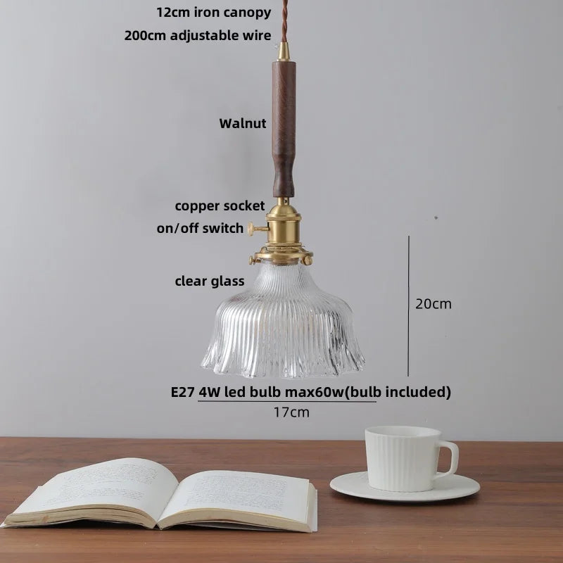 Afralia™ Modern LED Glass Pendant Light Fixture Walnut Wood Hang Lamp
