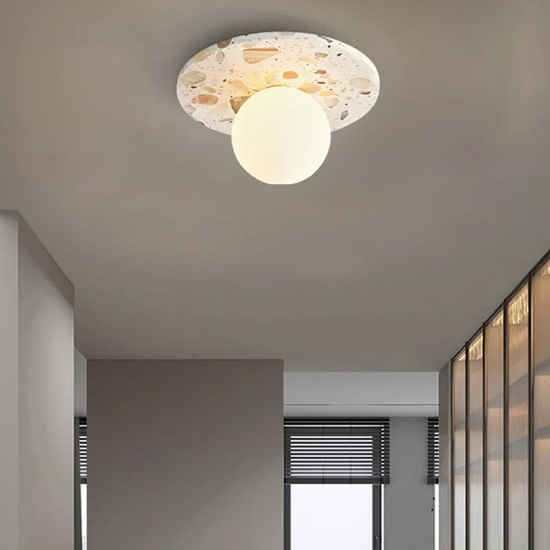 Afralia™ Terrazzo Stone LED Ceiling Light with White Glass Ball - Wabi Sabi Flush Mount