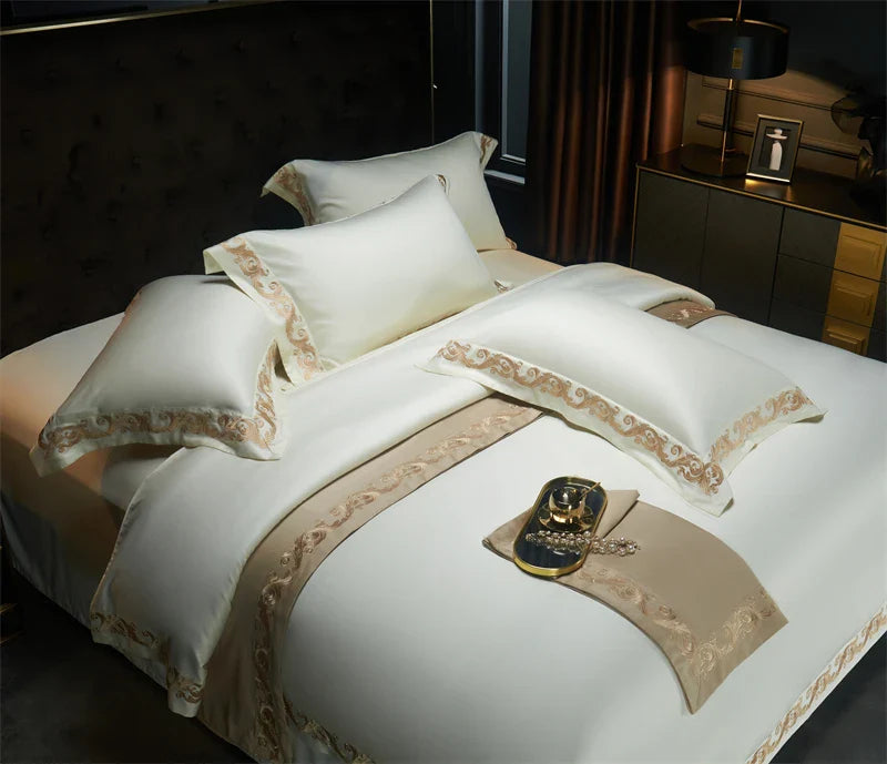 Afralia™ Luxe Gold Embroidery 1400TC Egyptian Cotton Queen King Bedding Set