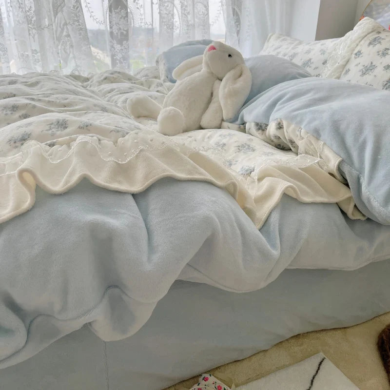 Afralia™ Vintage French Lace Ruffles Bedding Set with Winter Warm Velvet, Single Queen King Size