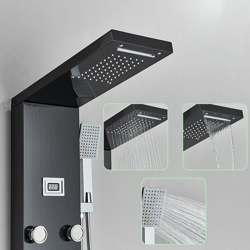 Afralia™ Black Shower Panel Column Wall Mount Rainfall Waterfall Faucet Hot Cold Mixer Tap