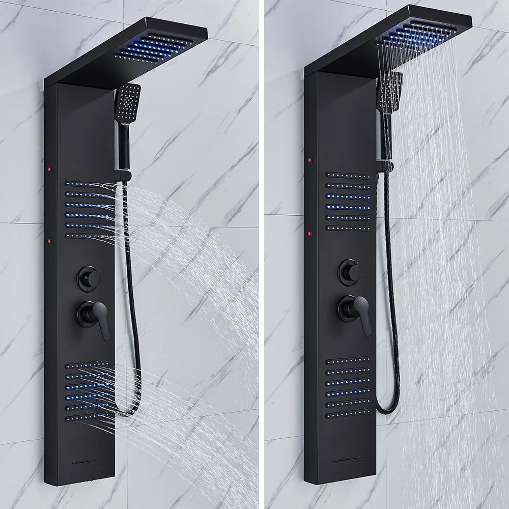 Afralia™ Black LED Shower Column with Massage Jets and Waterfall Mixer Tap