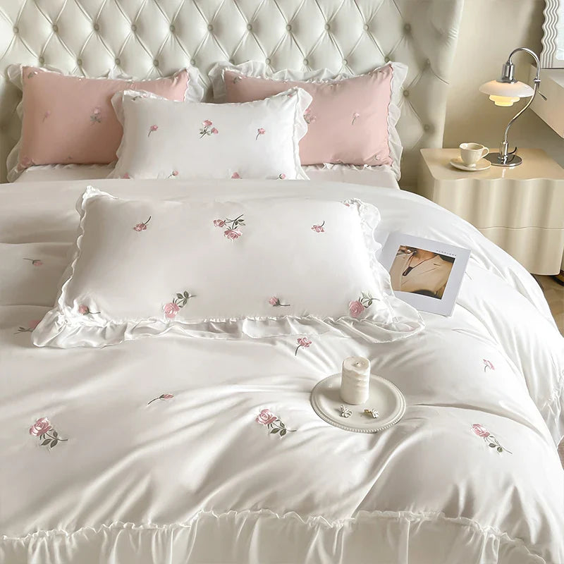 Afralia™ Rose Flowers Embroidery Lace Ruffles White Bedding Set - 100% Cotton Duvet Cover, Bed Sheet, Pillowcase