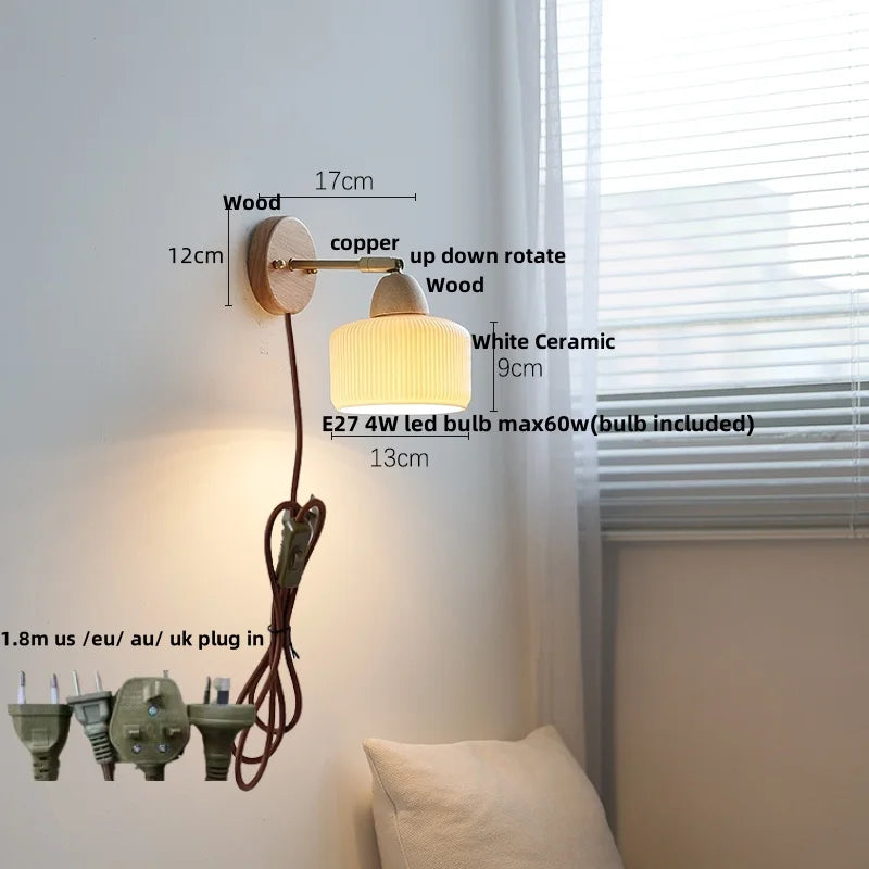 Afralia™ Wood Canopy LED Wall Light Pull Chain Switch Nordic Modern Bedside Sconce