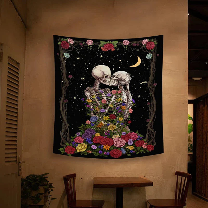 Afralia™ Skull Lovers' Kiss Tapestry - Colorful Roses and Tarot Skeleton Wall Hanging