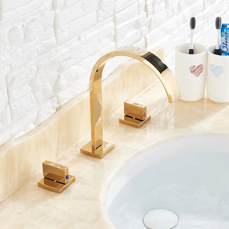 Afralia™ Golden Brass Dual Handle Basin Faucet Set - Deck Mounted Hot Cold Mixer