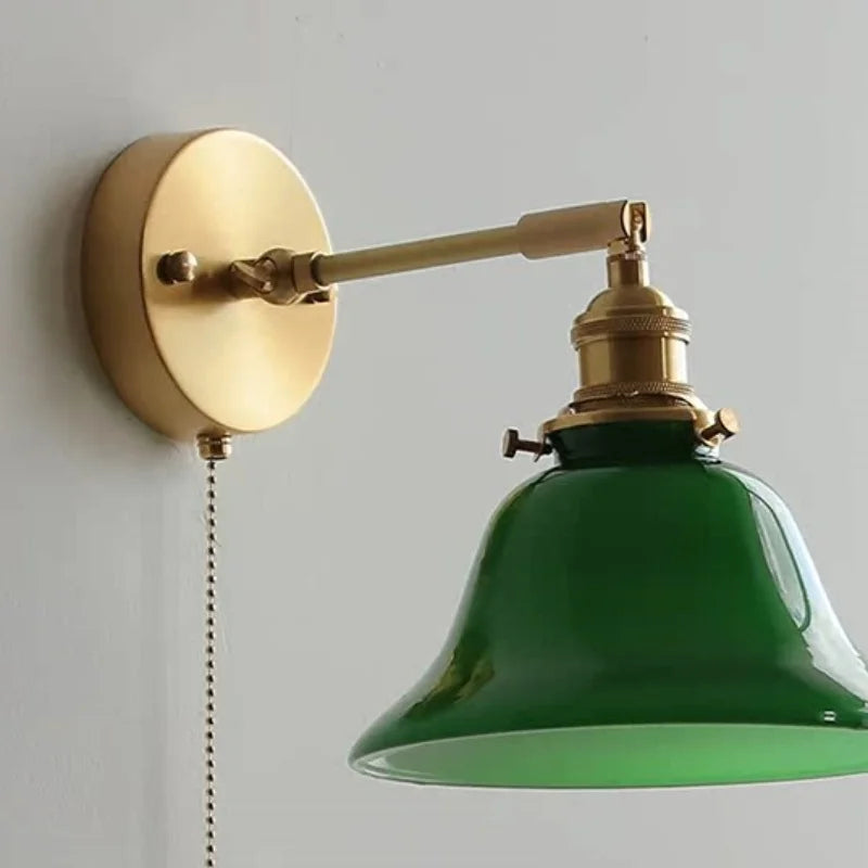 Afralia™ Green Loft LED Wall Light: Vintage Bedside Lamp, Up Down Rotate Glass, Pull Chain Switch