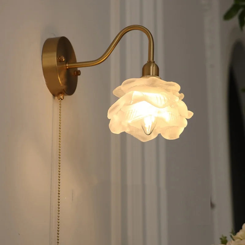 Afralia™ Pink Glass Copper Wall Sconce Pull Chain Switch Stair Light Fixtures