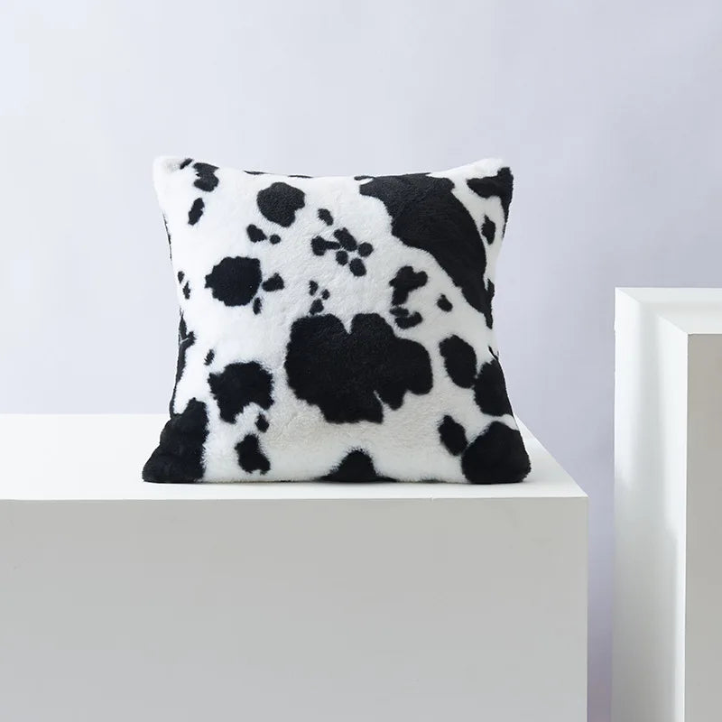 Afralia™ Black/White Flower Cow Pattern Plush Cushion Cover 50x50 - Double Sided Print