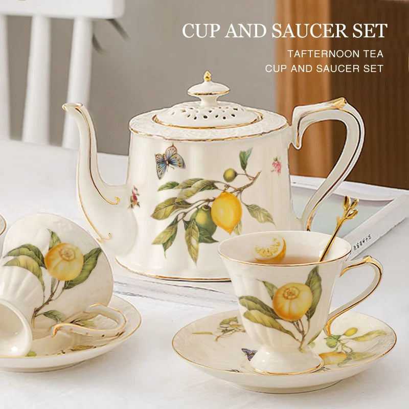 Afralia™ Gold Edge Cup & Saucer Set: Lemon Teapot, Coffee Mug, Ceramic Plates & Drinkware