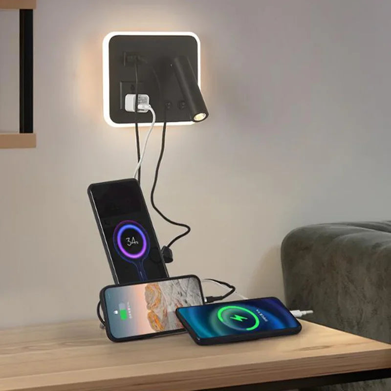 Afralia™ Rotatable LED Wall Lamp with Wireless Charging, USB Port, and Switch