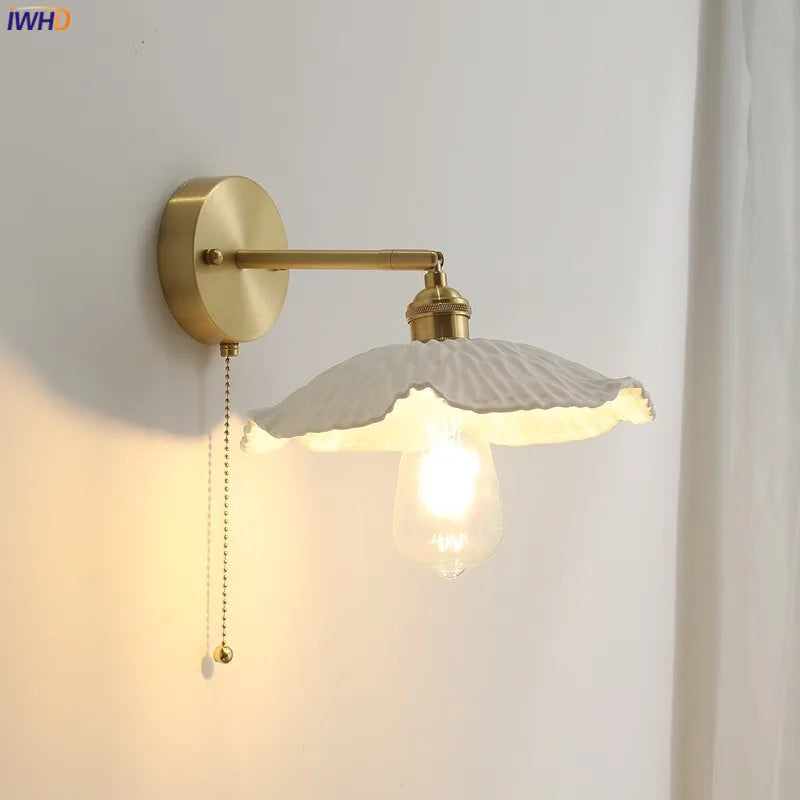 Afralia™ White Ceramic LED Wall Lamp Pull Chain Switch Modern Copper Wall Light