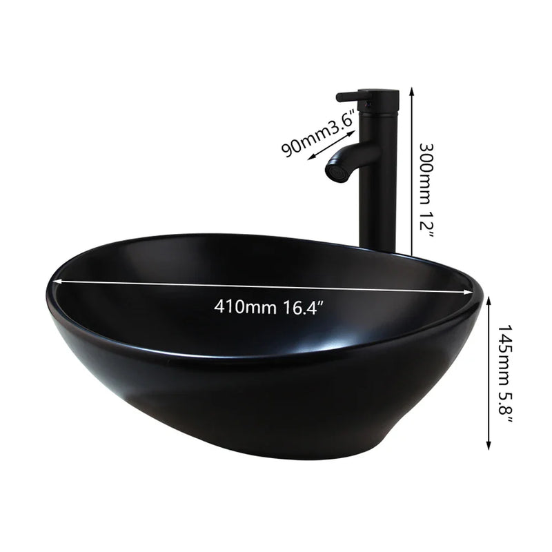 Afralia™ Matte Black Ceramic Oval Bathroom Bowl Sink with Brass Faucet Mixer Tap