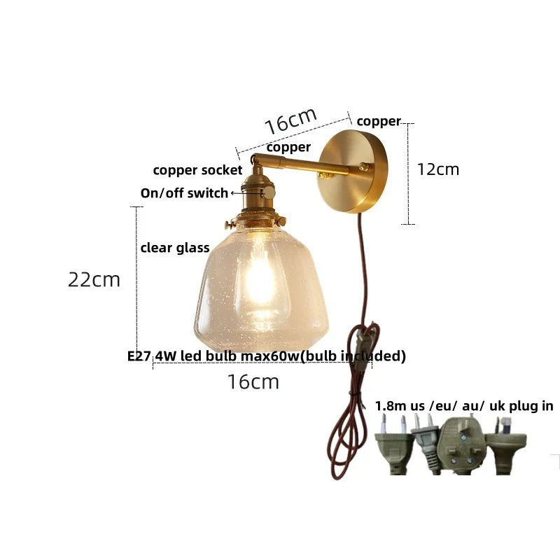 Afralia™ Clear Glass LED Wall Sconce, Modern Rotating Bedside Lamp with Pull Chain & Copper Socket