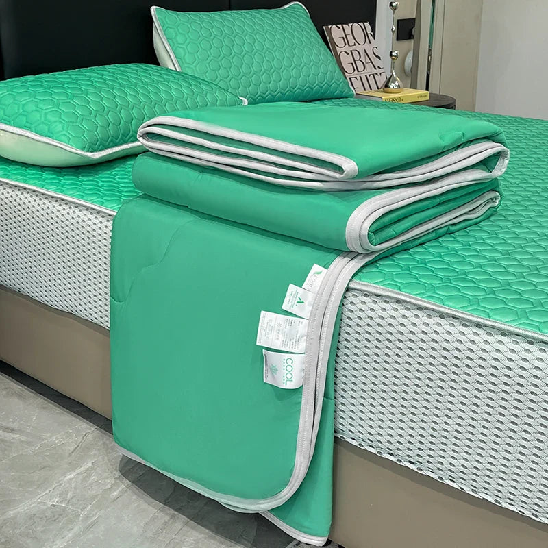Afralia™ Silk Summer Blanket Set: Latex Fitted Sheet, Pillowcase, Queen Lightweight Comforter