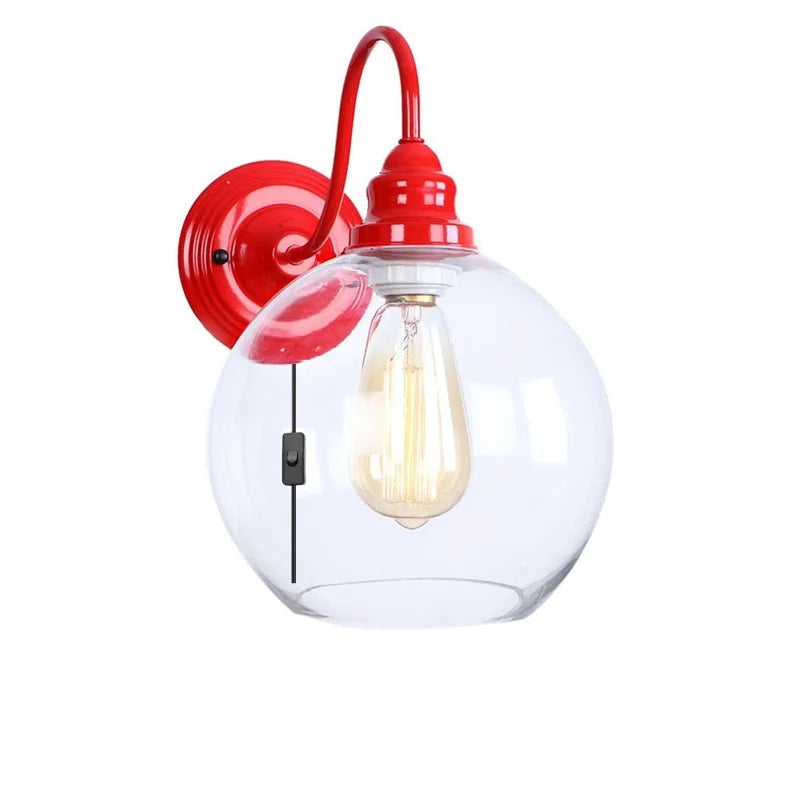 Afralia™ Red Vintage LED Wall Lamp Glass Ball Industrial Loft Bedroom Mirror Light