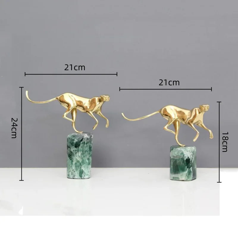 Afralia™ Golden Leopard Brass Cheetah Figurine Green Marble Base Metal DecorAccessory
