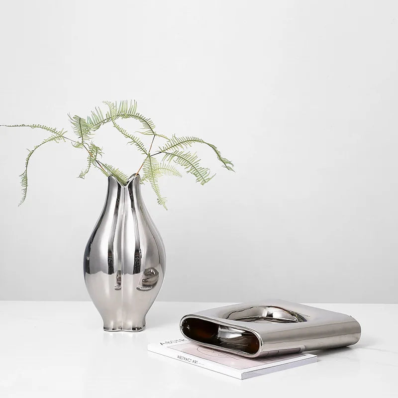 Afralia™ Silver Geometric Ceramic Vase for Home Decor and Floral Arrangements