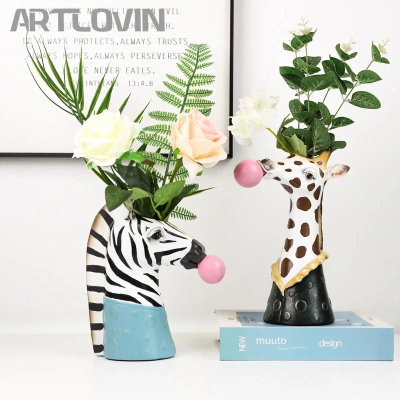 Afralia™ Animal Bust Succulent Vase Hand-Painted Resin Figure with Giraffe/Zebra/Bear/Panda Blowing Bubbles