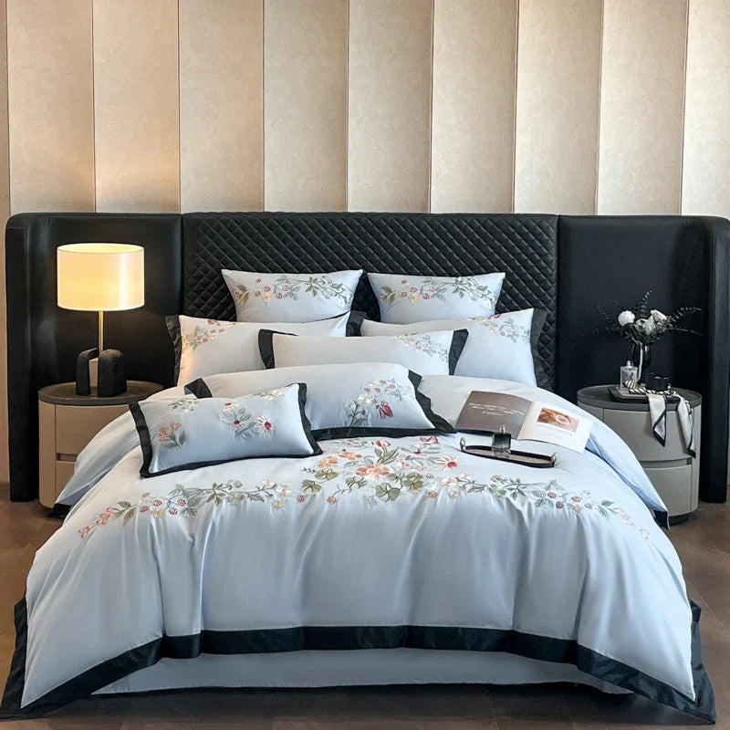 Luxury Flowers Embroidery Black Cotton Bedding Set by Afralia™ - 4Pcs