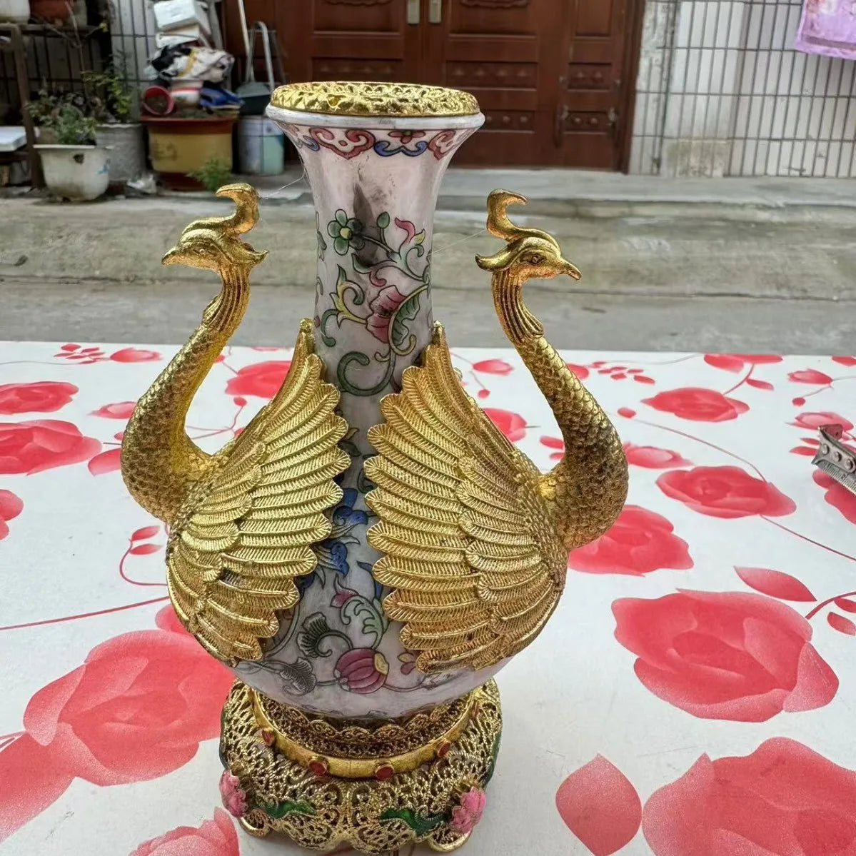 Afralia™ Qianlong Copper Inlaid Pink Flower Pattern Vase