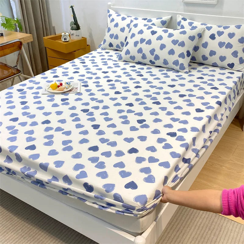Afralia™ Fashion Flowers Print Cotton Fitted Sheet Single Piece Queen Size, Soft Pink Bed Linen