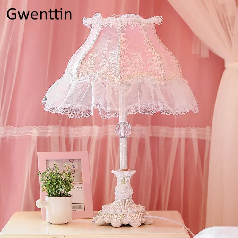 Afralia™ Pink Lace Fabric Table Lamp with LED Light for Bedroom Princess Decor