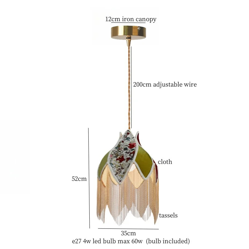 Afralia™ Green Tassel LED Pendant Light - American Vintage Hanging Lamp for Home and Café.
