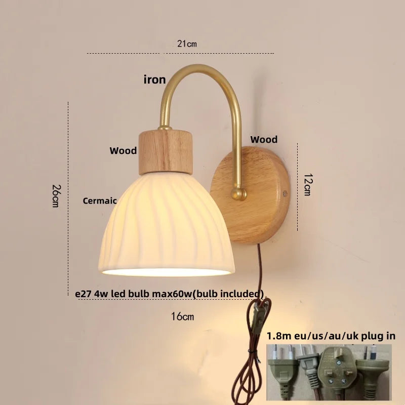 Afralia™ Nordic LED Wall Sconce Pull Chain Switch Wood Canopy Ceramic Bedside Lamp