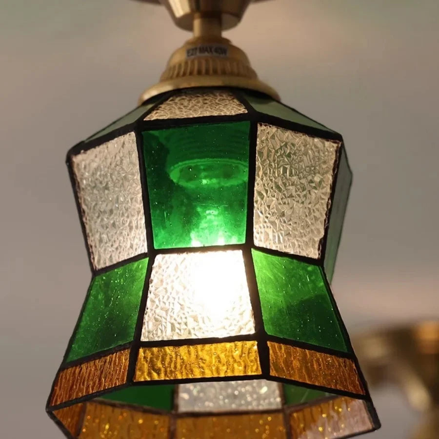 Afralia™ Handcrafted Glass Copper Canopy Ceiling Light Tiffany Style Glass Vintage Loft