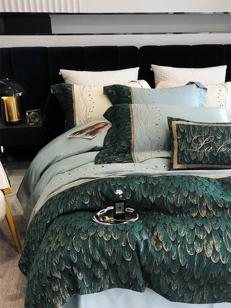 Afralia™ Vintage Luxury Feather Jacquard Bedding Set, 1000TC, Patchwork Embroidery Design