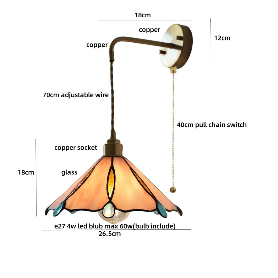 Afralia™ Tiffany Glass Adjustable LED Wall Sconce with Pull Chain Switch