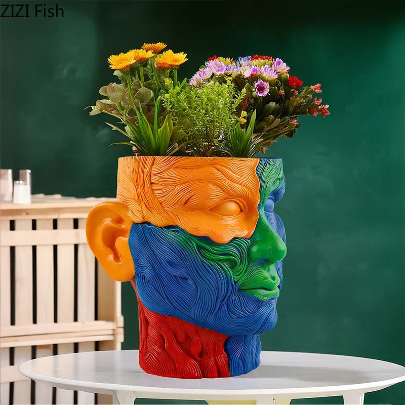 Afralia™ Colorful Human Portrait Vase Desk Decoration with Artificial Flowers