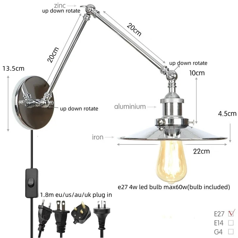 Afralia™ Vintage Industrial Long Arm Adjustable LED Wall Sconce Pull Chain Switch Bedside Lamp