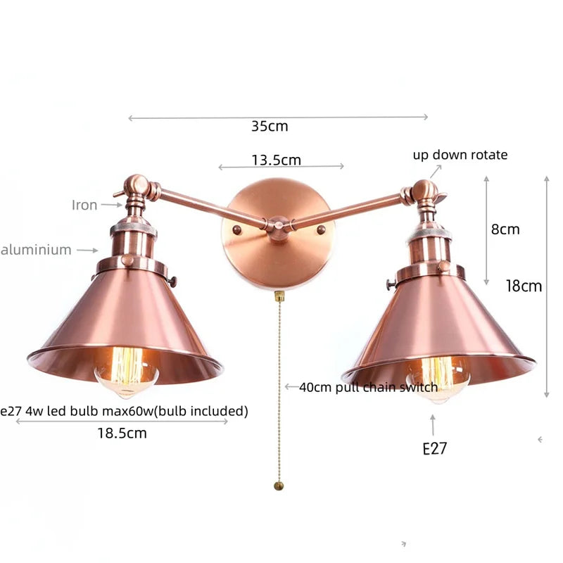 Afralia™ Industrial Vintage Double Heads LED Wall Light for Adjustable Coffee Reading