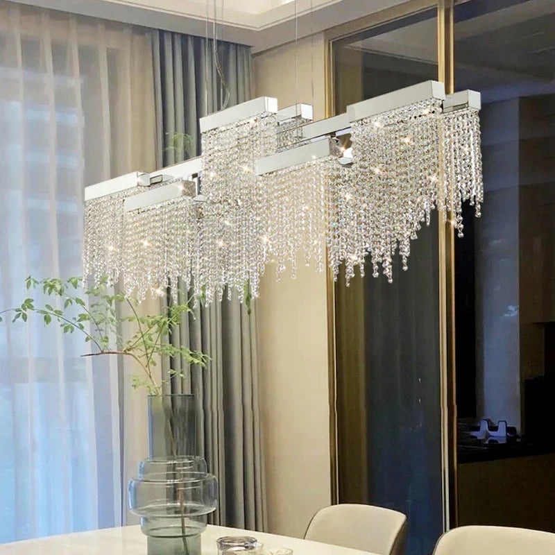 Afralia™ Crystal Tassel Chandelier: Modern Luxury Silver Hanging Lamp for Dining Room