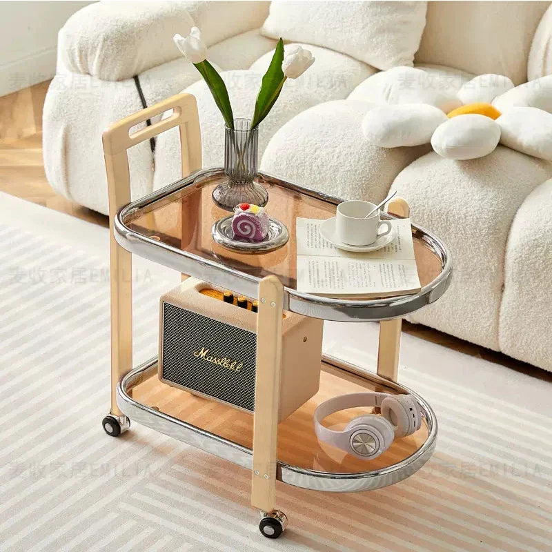Afralia™ Nordic Wood End Table Tea Table, Movable Trolley, Glass Top, Multifunctional Storage Rack.