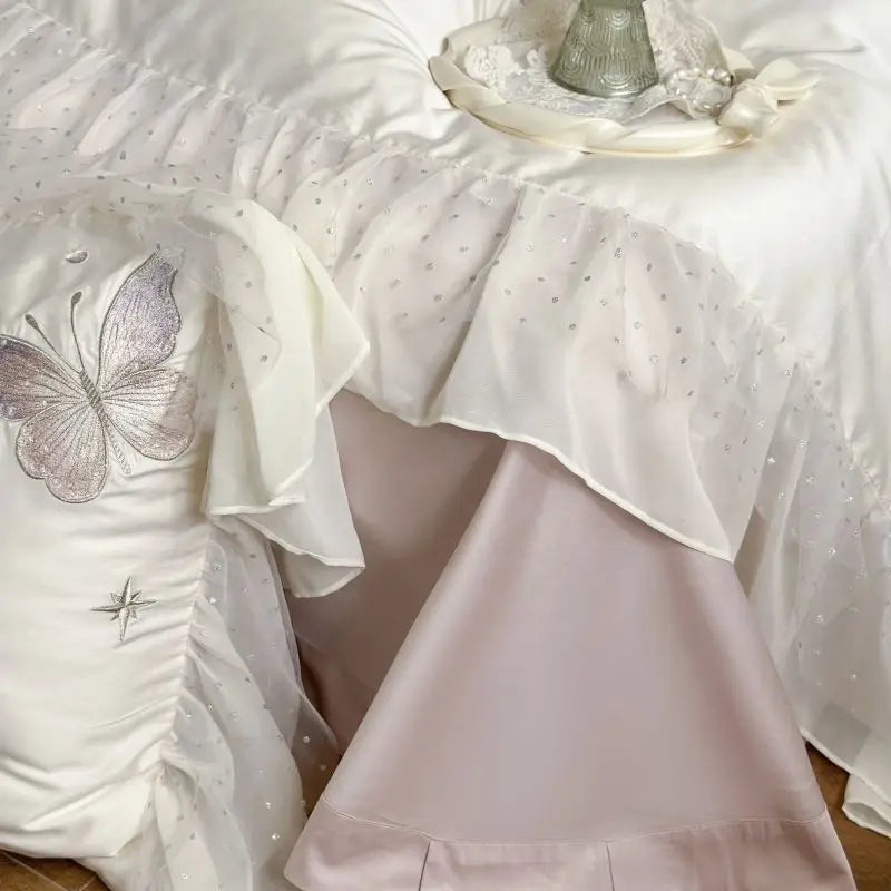 Afralia™ Butterfly Lace Ruffles Embroidery Bedding Set 4Pcs