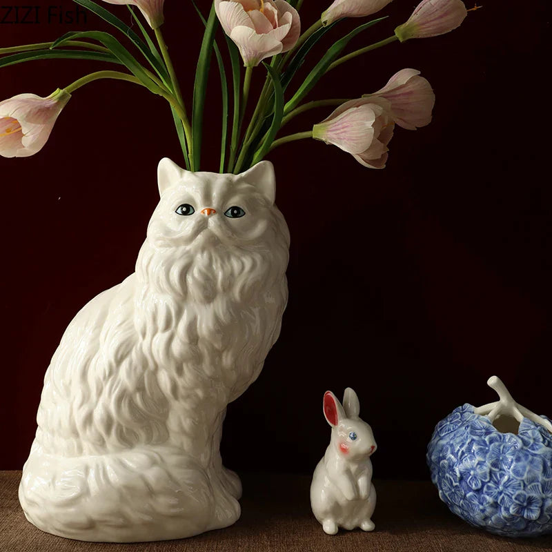 Afralia™ Ceramic White Cat Vase for Desk Decor and Artificial Flowers Arrangement