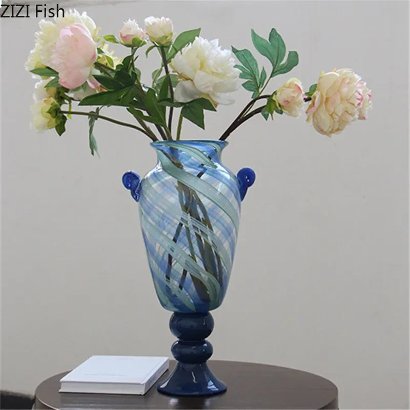 Afralia™ Blue Stripe Glass Vase Hydroponics Plant Pot Room Decor