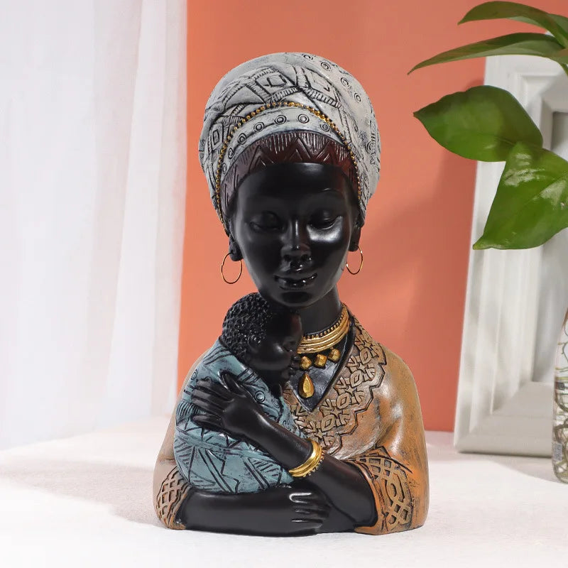 Afralia™ African Exotic Black Mother And Child Resin Statues Retro Figurines For Home Decor