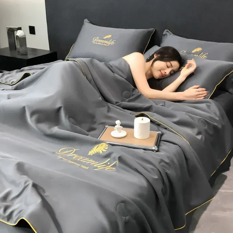 Afralia™ Luxury Embroidery Quilt Set, 4-Piece Summer Comforter Bedding for Air-Conditioned Comfort