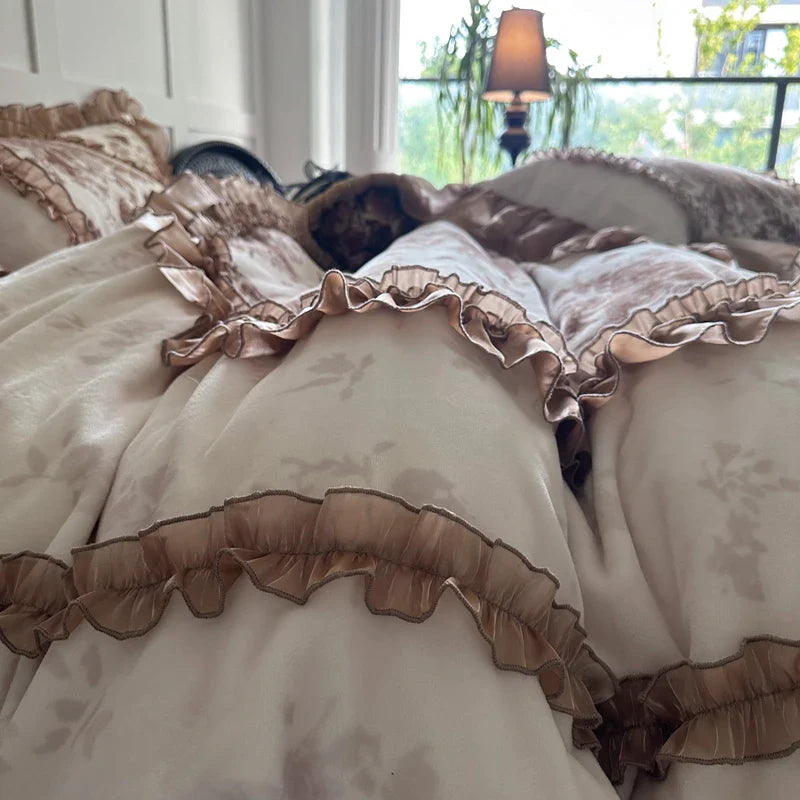 Afralia™ Butterfly Flowers Lace Velvet Bedding Set with Ruffles - Full Bed Linen Collection